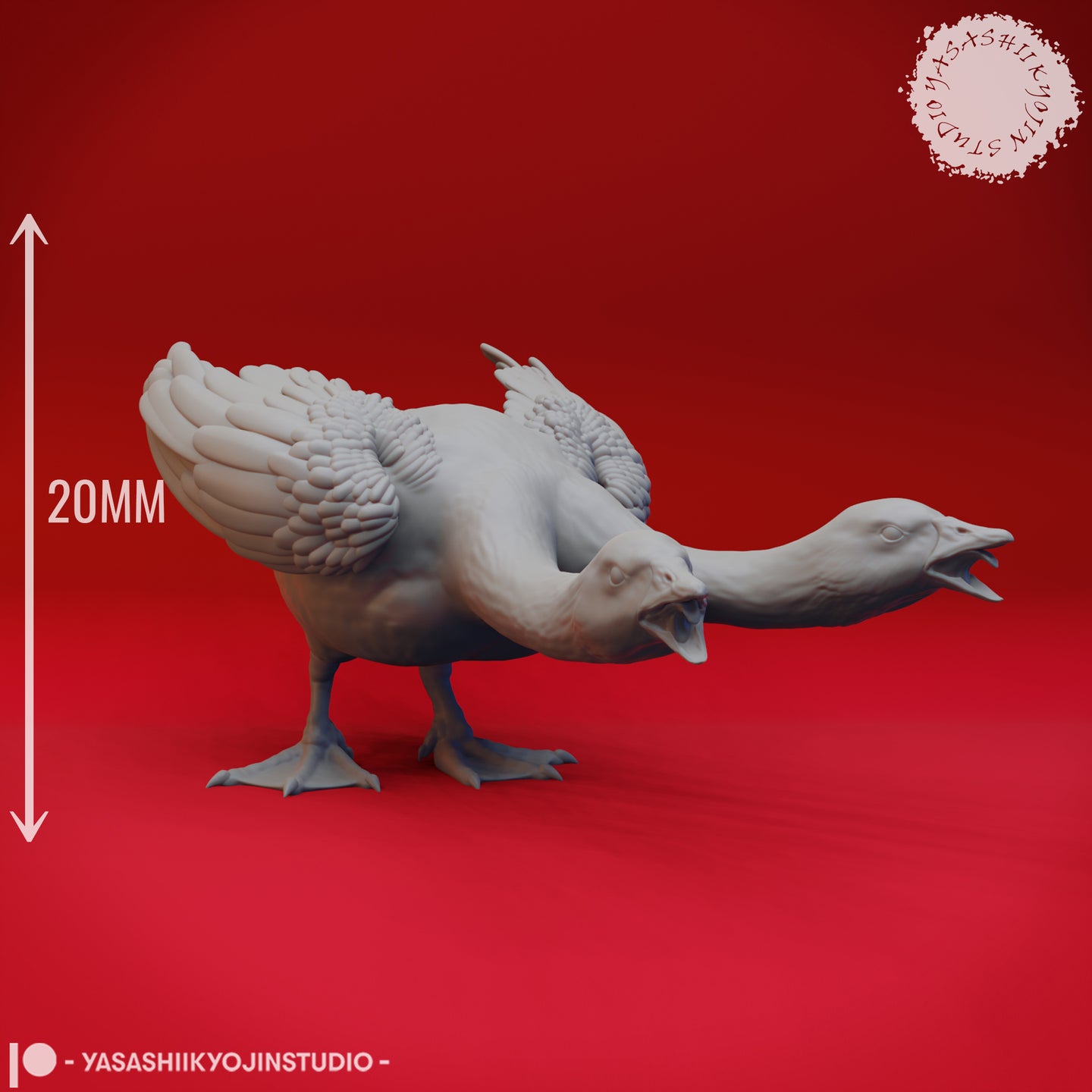 Digital render of the Goose Hydra miniature with a 20mm scale reference marker shown alongside the two-headed lunging goose sculpt, unpainted grey resin