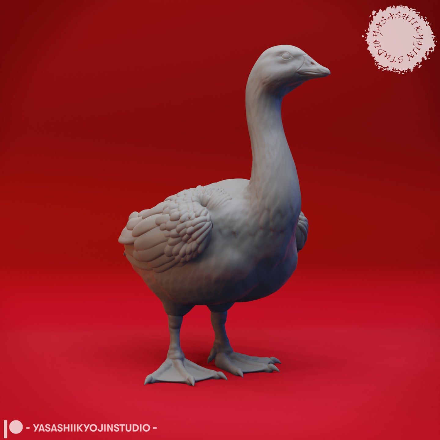 Grey resin digital render of a goose miniature by Yasashii Kyojin Studio, standing alert with neck extended, detailed feather texturing on wings and body, webbed feet visible, shown against a red background