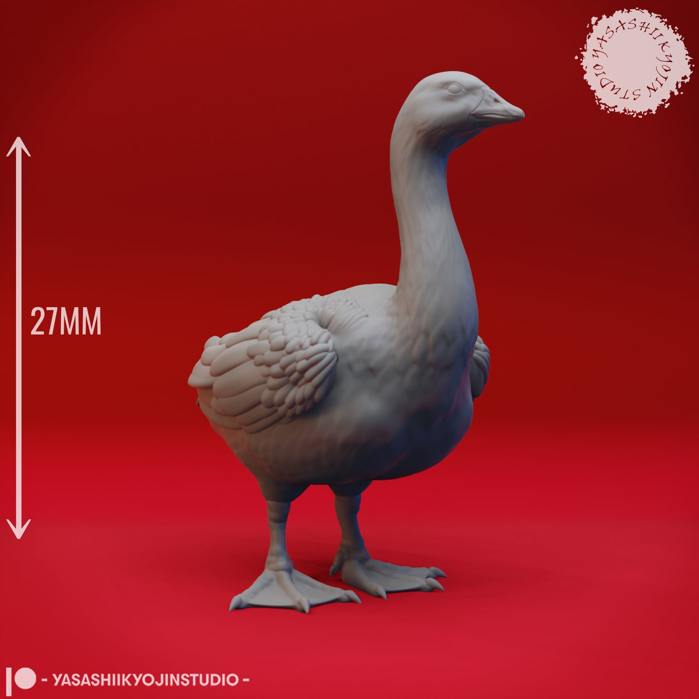 Grey resin digital render of a goose miniature by Yasashii Kyojin Studio with a scale reference arrow indicating 27mm height, standing pose with detailed plumage and webbed feet, shown against a red background