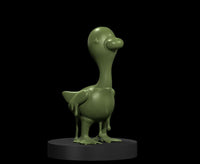 Digital render of the Gooze miniature by MZ4250 — an ooze sculpted in the shape of a duck, shown in olive green with a round black base, featuring a long neck, blank circular eye, stubby wings, splayed webbed feet, and drips of slime running down the legs