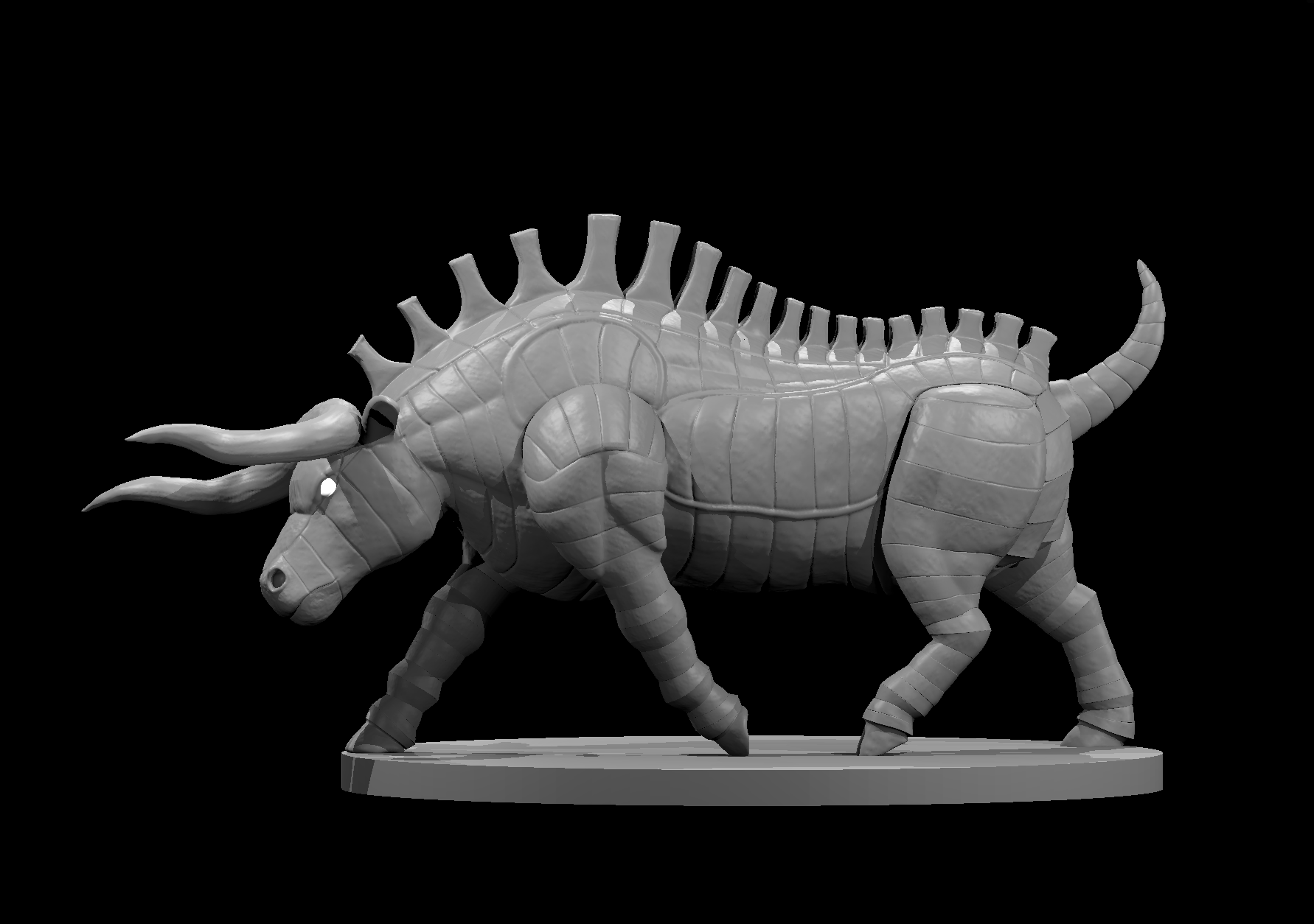 Grey resin digital render of a Gorgon miniature at 32mm scale, shown in a mid-charge pose with head lowered, curved horns extended, segmented iron-plate hide covering the full body, and a row of hollow bone spines running along the spine. The creature stands on an oval base. Unpainted.