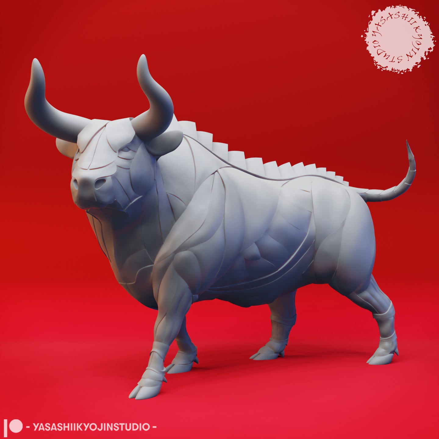 Three-quarter front view of an unpainted grey resin Gorgon miniature by Yasashii Kyojin Studio, showing the armoured plated torso, sweeping curved horns, dorsal spine ridge, and cloven hooves with tapered points — digital render on red background
