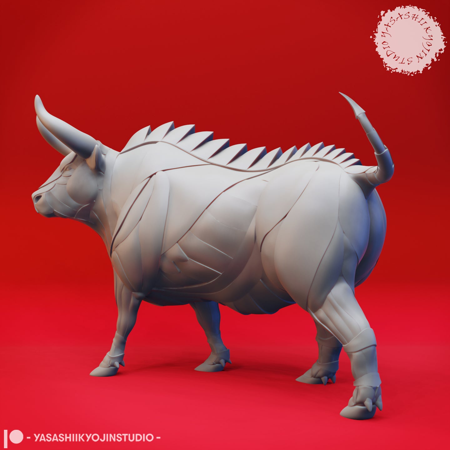 Full side profile of an unpainted grey resin Gorgon miniature by Yasashii Kyojin Studio, displaying the full length of the dorsal blade-like spine ridge, overlapping plate armour across the flanks, and the pointed whip-like tail — digital render on red background