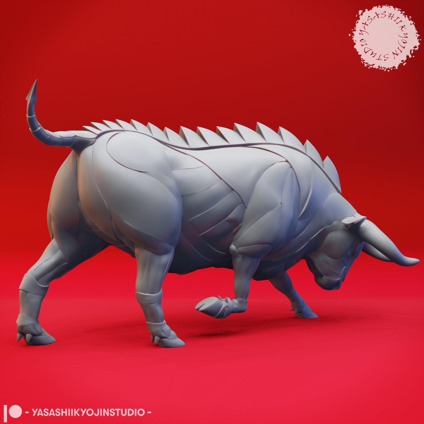 Rear three-quarter view of the Gorgon 02 miniature render showing the full dorsal spine ridge, heavily muscled armoured hindquarters, and an upswept barbed tail curling over the creature's back