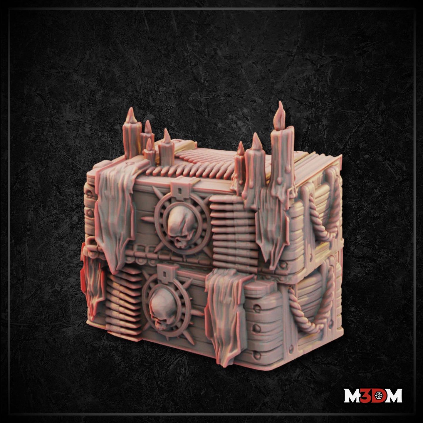 Unpainted resin Gothic Ammo Crate miniature terrain piece — digital render showing skull medallions on iron-ridged plating, tattered cloth hangings, rope corner detailing, and candles melting on the lid, in 32mm scale