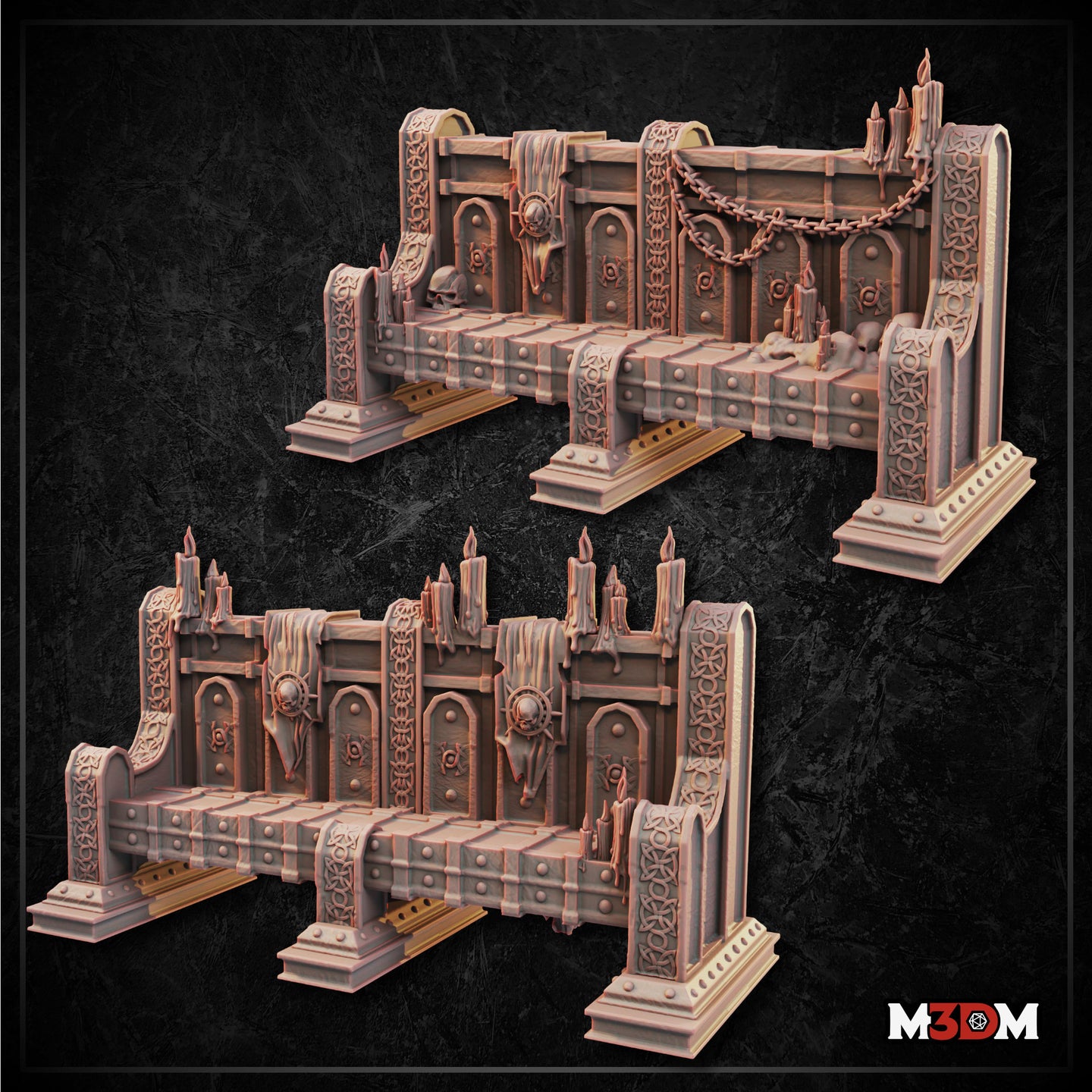 Two gothic church pew terrain pieces shown as digital renders — one with heavy iron chains draped between ornate stone end posts, the other featuring clusters of tall candles along the back rail. Both pieces are covered in Celtic knotwork carvings, scattered skulls, draped fabric, and gothic arched panelling. Rendered in pink-toned resin against a dark textured background.
