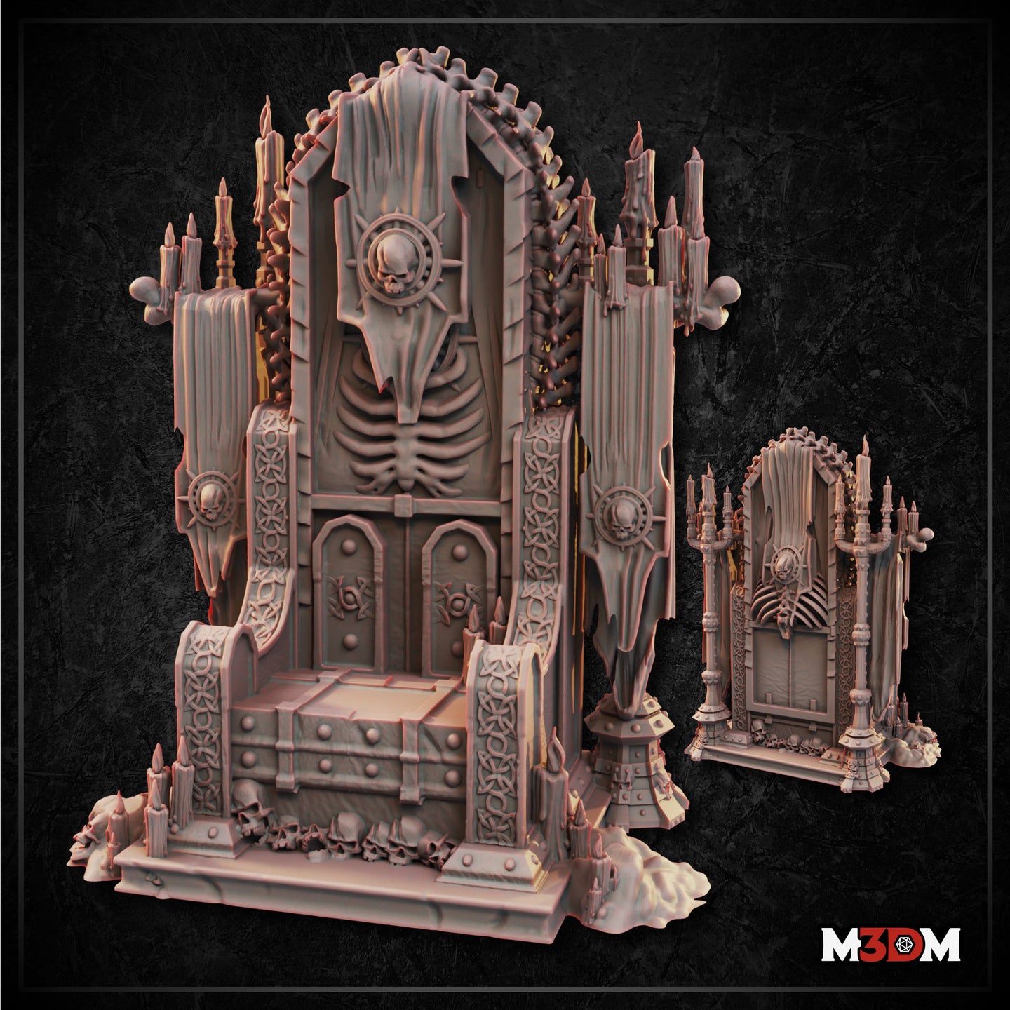 Digital render of the Gothic Necromancer Throne terrain piece by Mia Kay M3DM — a large gothic high-backed throne with skull medallion, skeletal ribcage backrest, knotwork armrests, candelabras, spine-chain arch, and a skull-strewn base, shown alongside a smaller matching gothic arch shrine piece