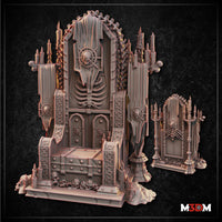 Digital render of the Gothic Necromancer Throne terrain piece by Mia Kay M3DM — a large gothic high-backed throne with skull medallion, skeletal ribcage backrest, knotwork armrests, candelabras, spine-chain arch, and a skull-strewn base, shown alongside a smaller matching gothic arch shrine piece