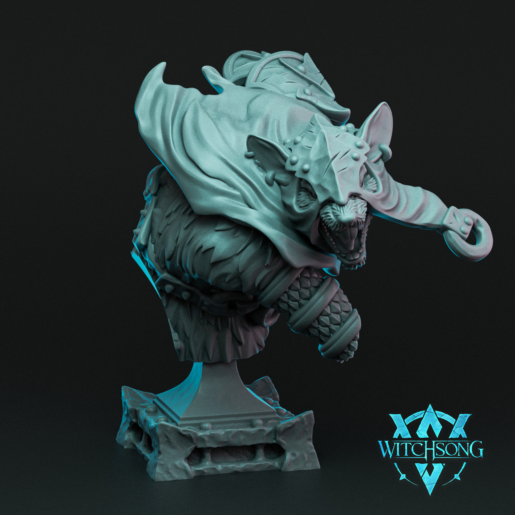 Digital render of the Grandrat Brute bust by Witchsong Miniatures — an unpainted grey resin display bust depicting a snarling ratman warlord wearing a riveted horned helm, scaled neck armour, and a billowing war cloak, mounted on a detailed stone plinth base