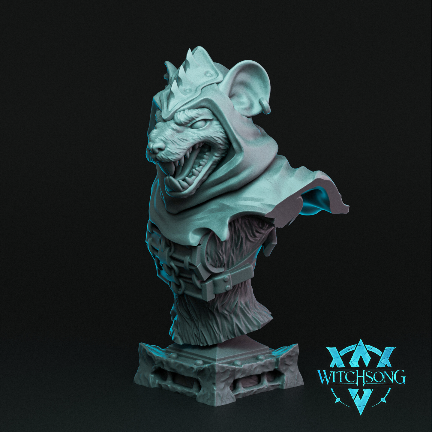 Digital render of an unpainted grey resin Grandrat Assassin bust by Witchsong Miniatures, showing a snarling ratfolk figure with wide ears, a crown-like hood ornament, flowing cloak, and studded leather armour, mounted on a detailed sculpted stone plinth base