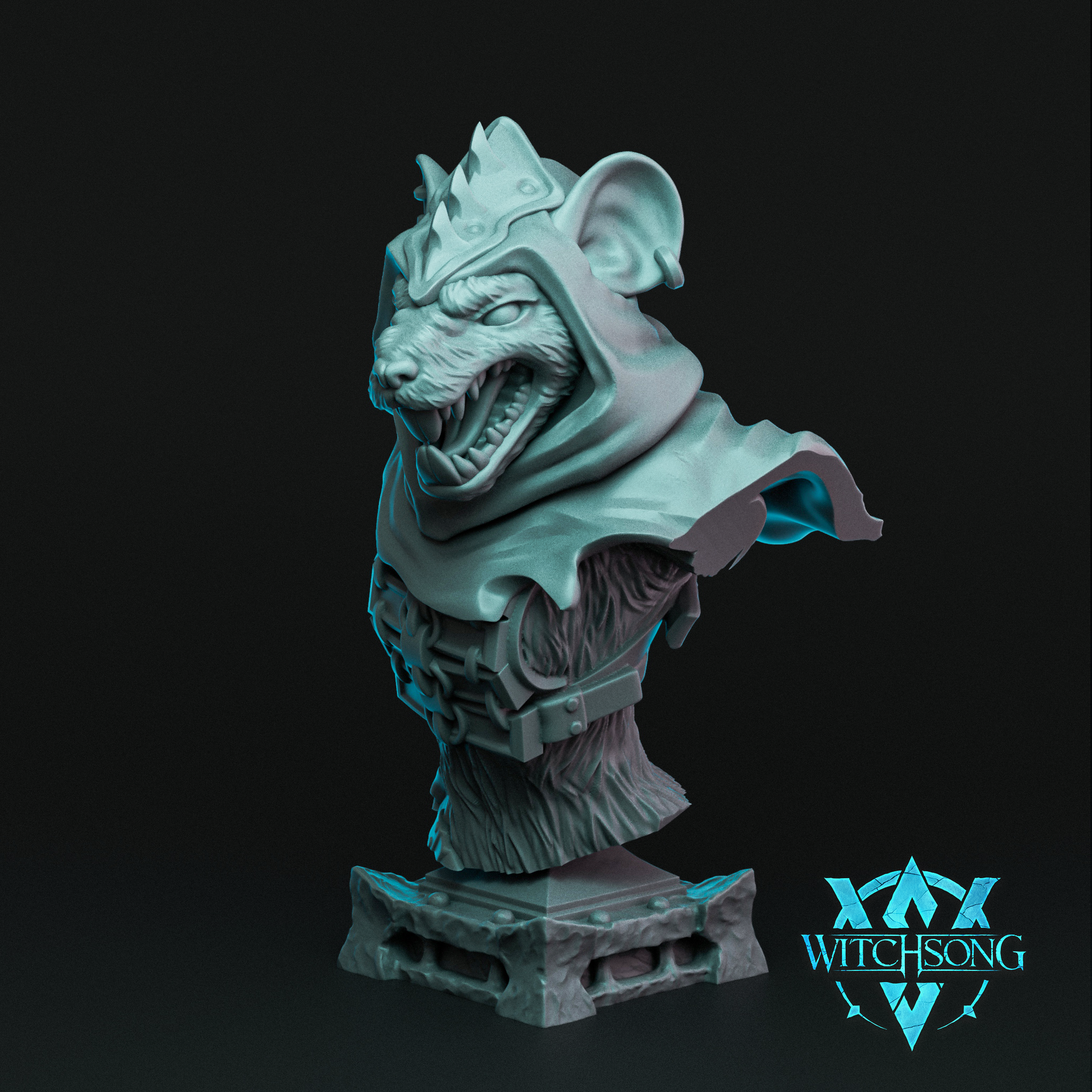 Digital render of an unpainted grey resin Grandrat Assassin bust by Witchsong Miniatures, showing a snarling ratfolk figure with wide ears, a crown-like hood ornament, flowing cloak, and studded leather armour, mounted on a detailed sculpted stone plinth base