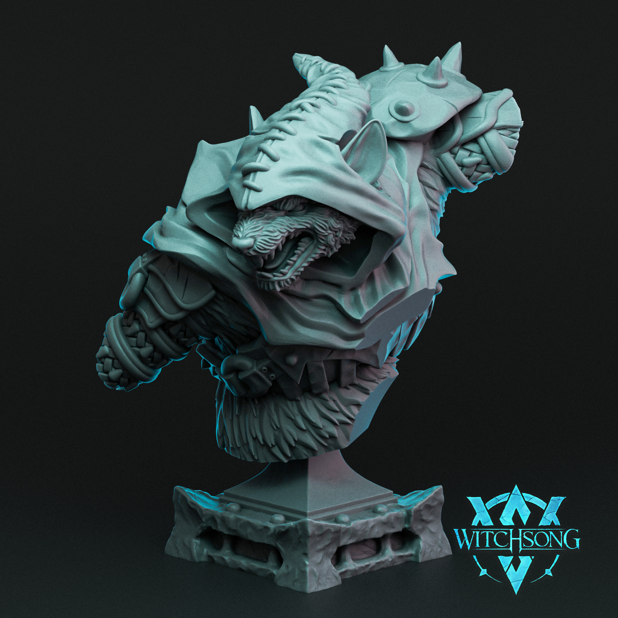 Digital render of the Grandrat Swordsman display bust by Witchsong Miniatures — unpainted grey resin showing a snarling rat warrior in a spiked helm and hooded cloak, with braided leather shoulder wraps, a dense fur collar, and an open-mouthed roar expression, mounted on a riveted plinth with cobblestone top