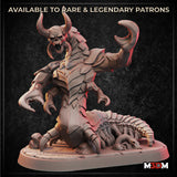 Digital render of the Grave Centipede miniature by M3DM — a large skull-faced demon with curved horns, clawed hands raised mid-roar, overlapping chitinous chest armour, and a segmented centipede lower body coiled on an oval base