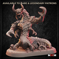 Digital render of the Grave Centipede miniature by M3DM — a large skull-faced demon with curved horns, clawed hands raised mid-roar, overlapping chitinous chest armour, and a segmented centipede lower body coiled on an oval base