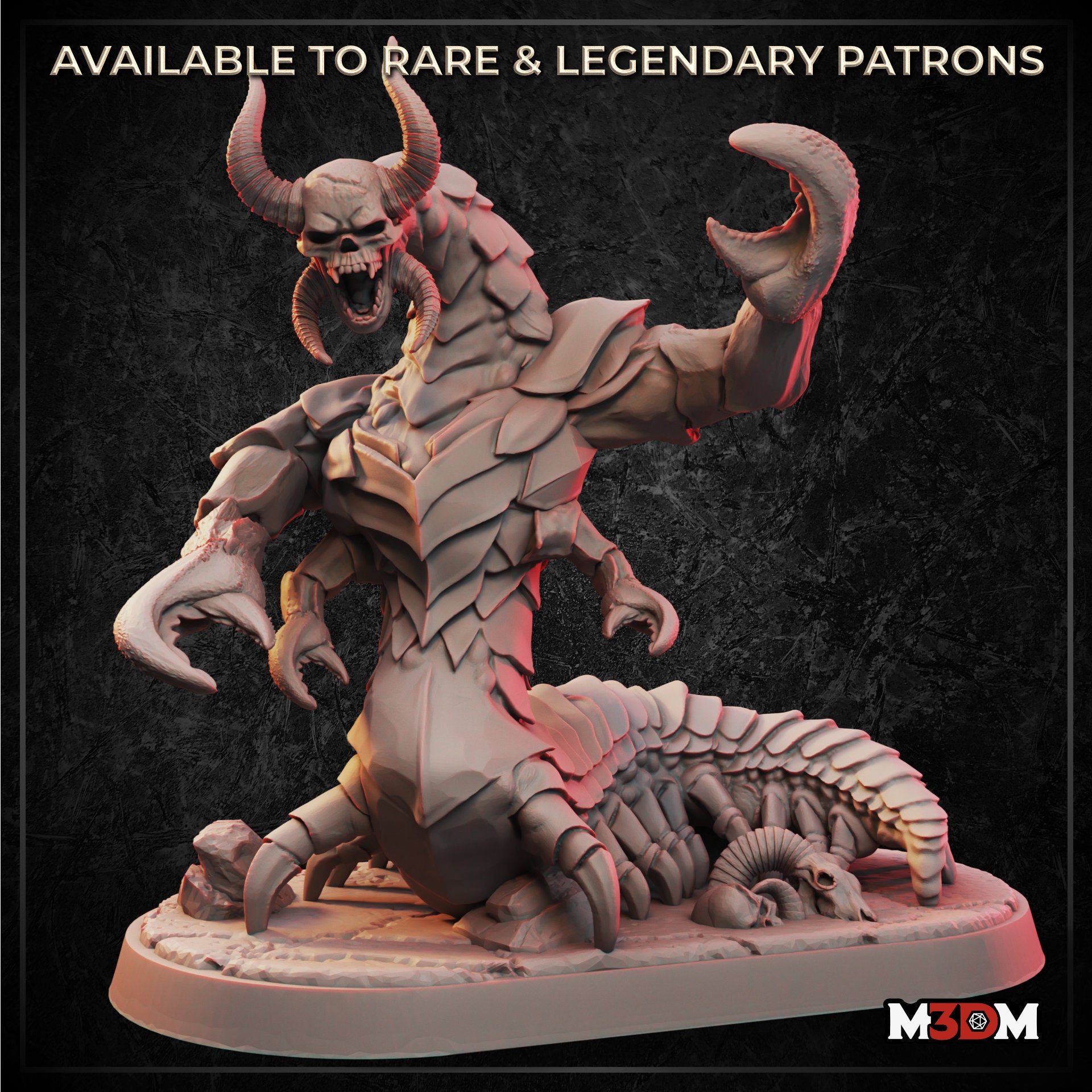 Digital render of the Grave Centipede miniature by M3DM — a large skull-faced demon with curved horns, clawed hands raised mid-roar, overlapping chitinous chest armour, and a segmented centipede lower body coiled on an oval base