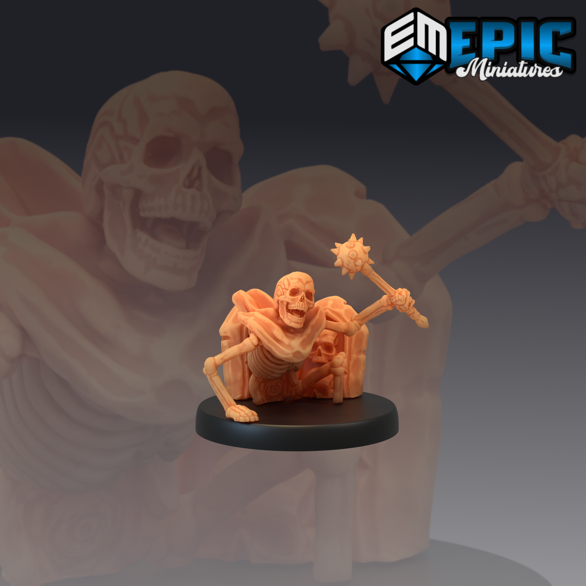 Skeleton miniature crouching low over a ruined stone block, tattered cloth draped across its frame, raising a spiked mace in its right hand. Jawbone agape in a wide grin, ribcage fully exposed. Sculpt by Epic Miniatures.