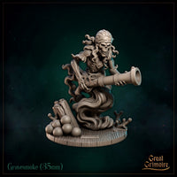 Gravesmoke skeleton pirate leaping forward clutching a cannon, lower body dissolving into sculpted smoke billows, with cannonballs and broken crates on base. Great Grimoire.