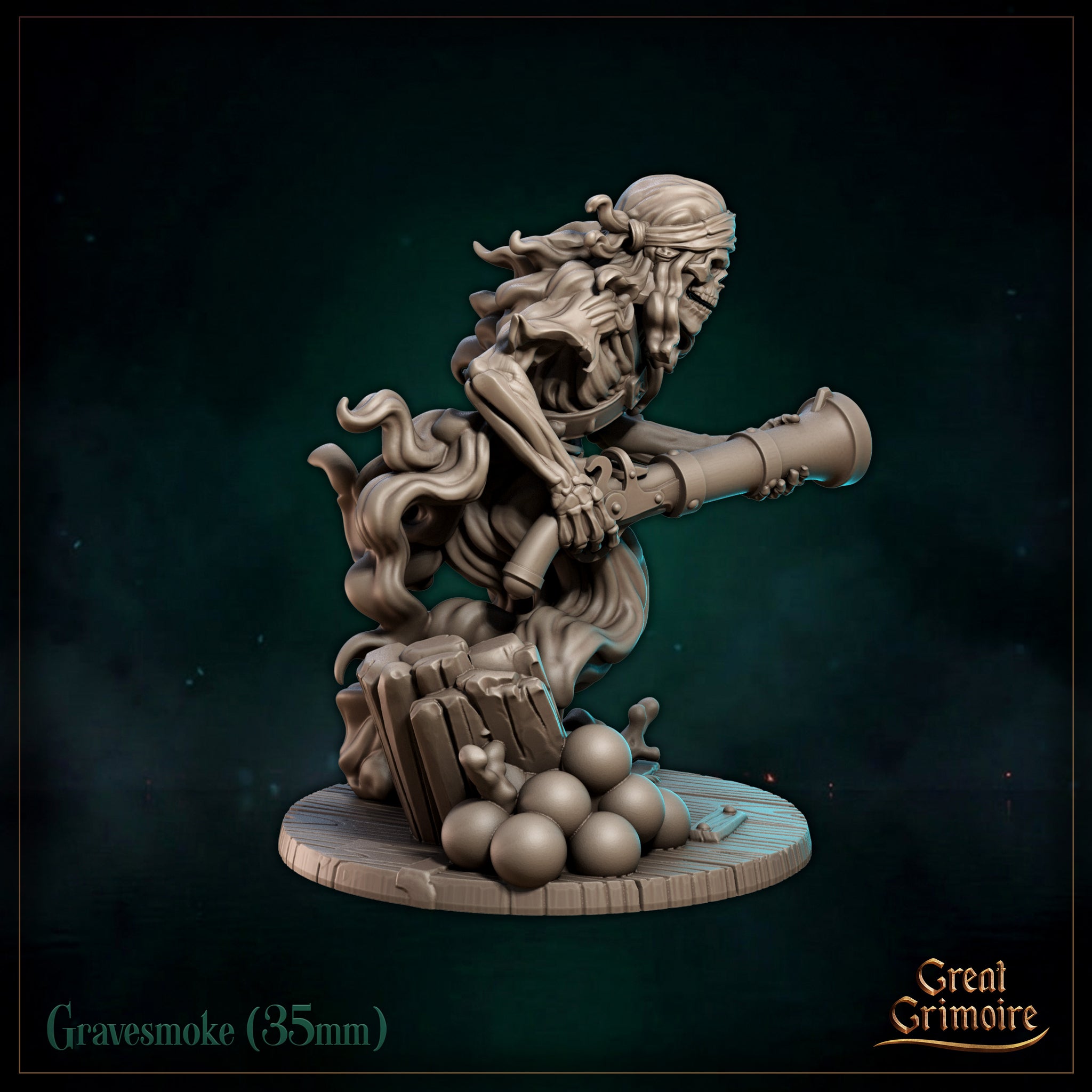 Gravesmoke viewed from behind, skeletal form consumed by swirling sculpted smoke tendrils rising from a ship-deck base with scattered cannonballs and splintered wood. Great Grimoire.