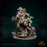 Gravesmoke front-facing, skull wrapped in a bandana with wild hair, bony hands gripping a heavy cannon barrel, crouched over a debris-strewn ship-deck scenic base. Great Grimoire.