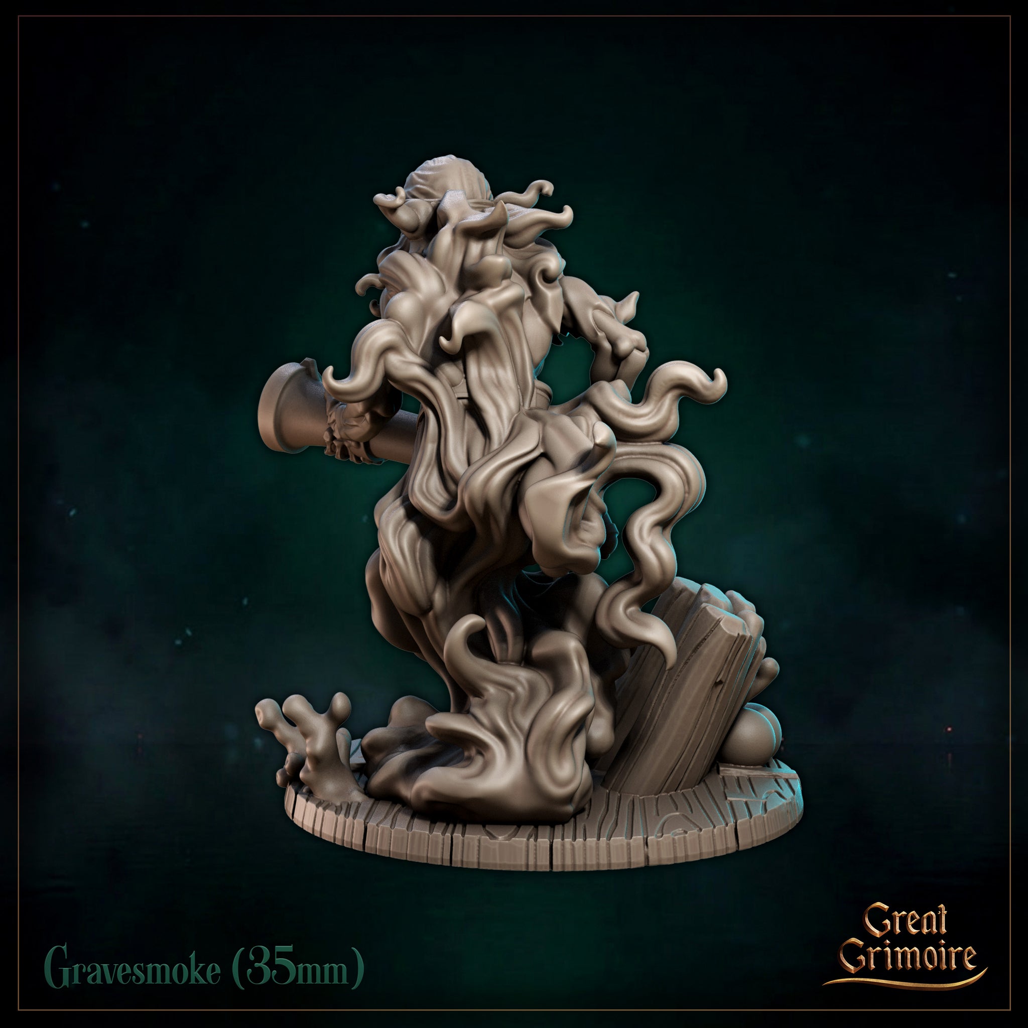 Gravesmoke front-facing, skull wrapped in a bandana with wild hair, bony hands gripping a heavy cannon barrel, crouched over a debris-strewn ship-deck scenic base. Great Grimoire.