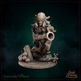 Gravesmoke front-facing, skull wrapped in a bandana with wild hair, bony hands gripping a heavy cannon barrel, crouched over a debris-strewn ship-deck scenic base. Great Grimoire.