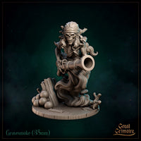 Gravesmoke front-facing, skull wrapped in a bandana with wild hair, bony hands gripping a heavy cannon barrel, crouched over a debris-strewn ship-deck scenic base. Great Grimoire.