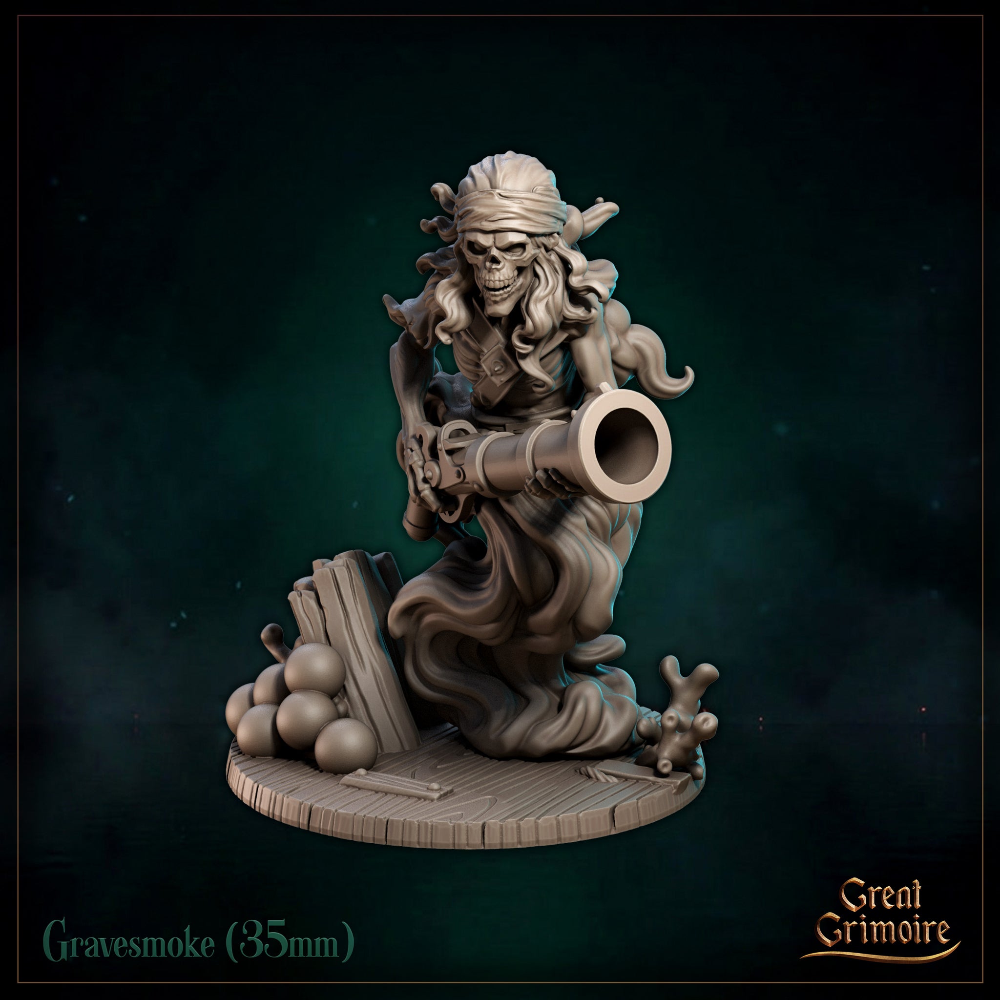 Gravesmoke front-facing, skull wrapped in a bandana with wild hair, bony hands gripping a heavy cannon barrel, crouched over a debris-strewn ship-deck scenic base. Great Grimoire.