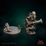 Gravesmoke front-facing, skull wrapped in a bandana with wild hair, bony hands gripping a heavy cannon barrel, crouched over a debris-strewn ship-deck scenic base. Great Grimoire.