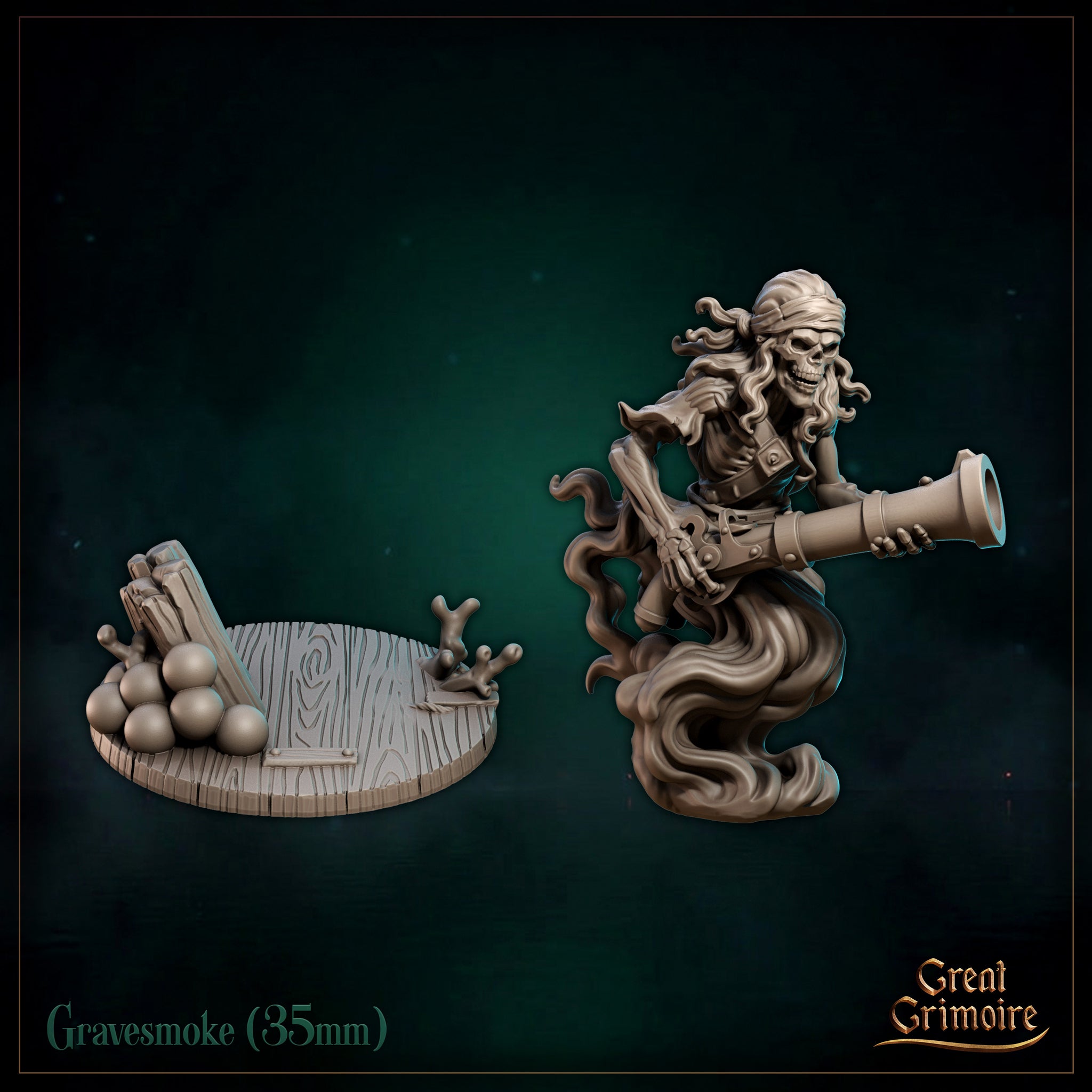 Gravesmoke front-facing, skull wrapped in a bandana with wild hair, bony hands gripping a heavy cannon barrel, crouched over a debris-strewn ship-deck scenic base. Great Grimoire.