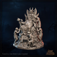 Front-facing digital render of Gravus the Immovable, a bloated demon lord seated on a skull-adorned throne of bone and stone, wearing an iron crown, holding a skull-tipped sceptre, surrounded by gaunt emaciated thrall figures offering fruit, fanning him, and clinging to the base — skulls scattered throughout the base, horned skeletal throne topper visible above, unpainted grey resin render, 35mm scale