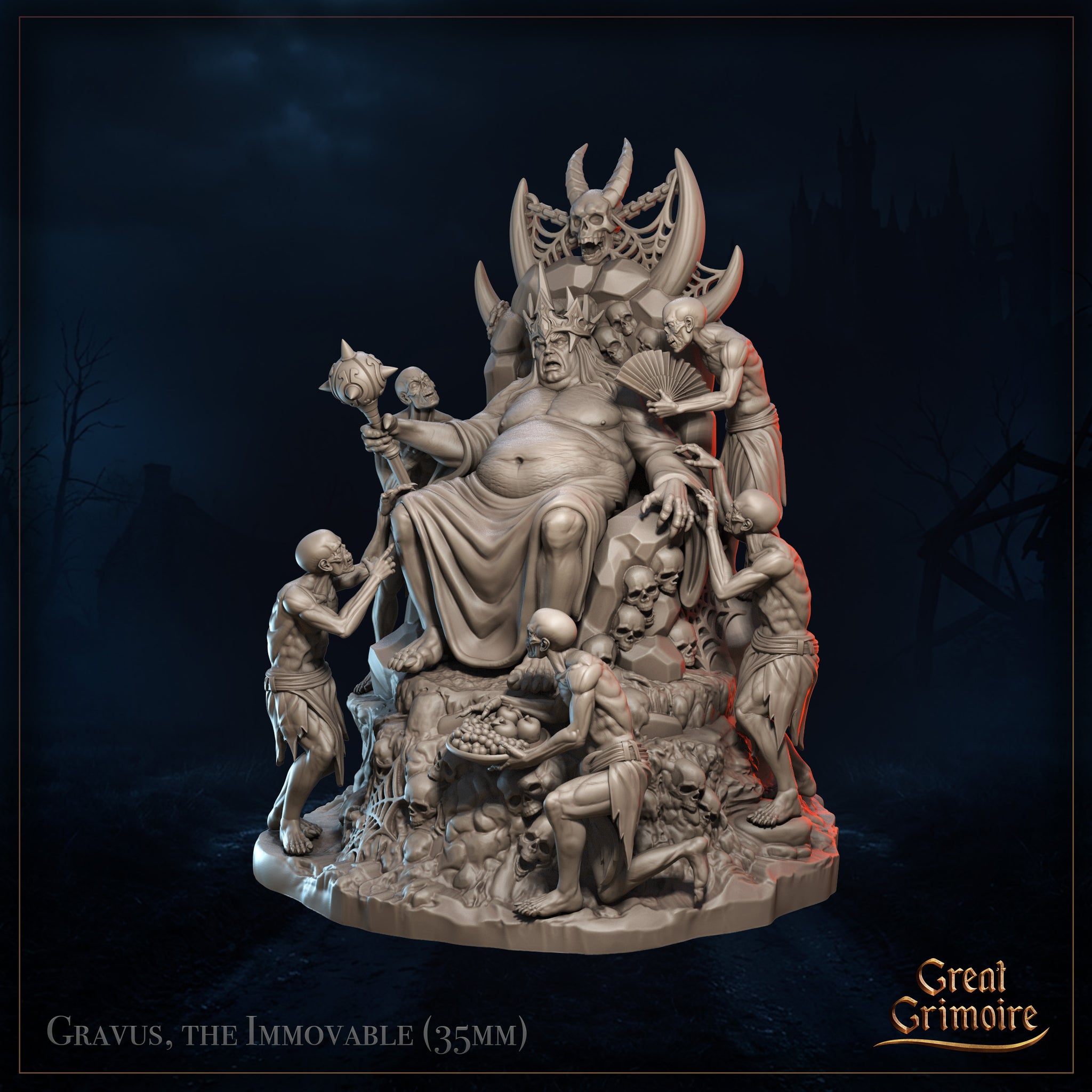Front-facing digital render of Gravus the Immovable, a bloated demon lord seated on a skull-adorned throne of bone and stone, wearing an iron crown, holding a skull-tipped sceptre, surrounded by gaunt emaciated thrall figures offering fruit, fanning him, and clinging to the base — skulls scattered throughout the base, horned skeletal throne topper visible above, unpainted grey resin render, 35mm scale