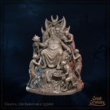 Slightly elevated front-angle digital render of Gravus the Immovable showing the full throne composition — the corpulent crowned demon lord at centre, multiple skeletal attendants around him including one presenting a bowl of fruit at the base, the horned and skull-crowned throne back rising behind him, unpainted grey resin, 35mm scale by Great Grimoire