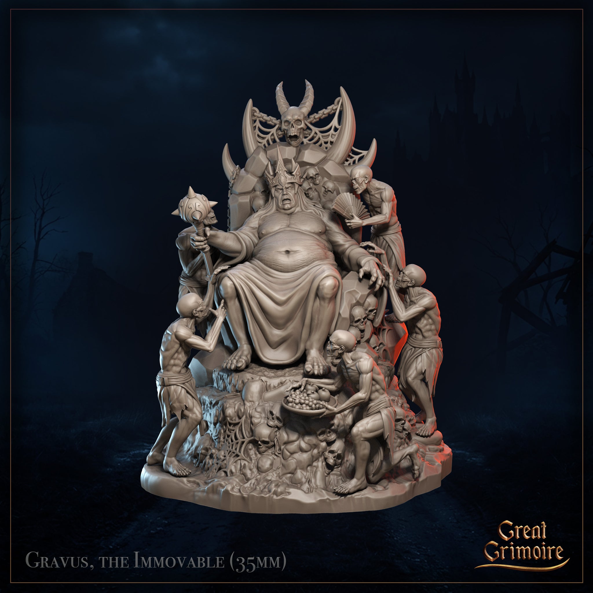 Slightly elevated front-angle digital render of Gravus the Immovable showing the full throne composition — the corpulent crowned demon lord at centre, multiple skeletal attendants around him including one presenting a bowl of fruit at the base, the horned and skull-crowned throne back rising behind him, unpainted grey resin, 35mm scale by Great Grimoire