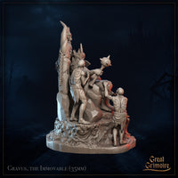 Rear three-quarter digital render of Gravus the Immovable revealing the back of the throne — tall horned stone pillars with a grinning skull topper, emaciated thrall figures visible from behind including one holding the skull sceptre, another kneeling at the base, intricate back-of-throne detail fully sculpted, unpainted grey resin, 35mm scale by Great Grimoire