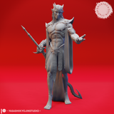 Front-facing digital render of Graz'zt Demon Prince miniature — tall, muscular fiend with small horns, long flowing hair, barbed spear in left hand, right arm extended with open palm, skull-adorned shoulder armour, sweeping cape, and a serrated tail curling at his feet. Unpainted grey resin render by Yasashii Kyojin Studio.