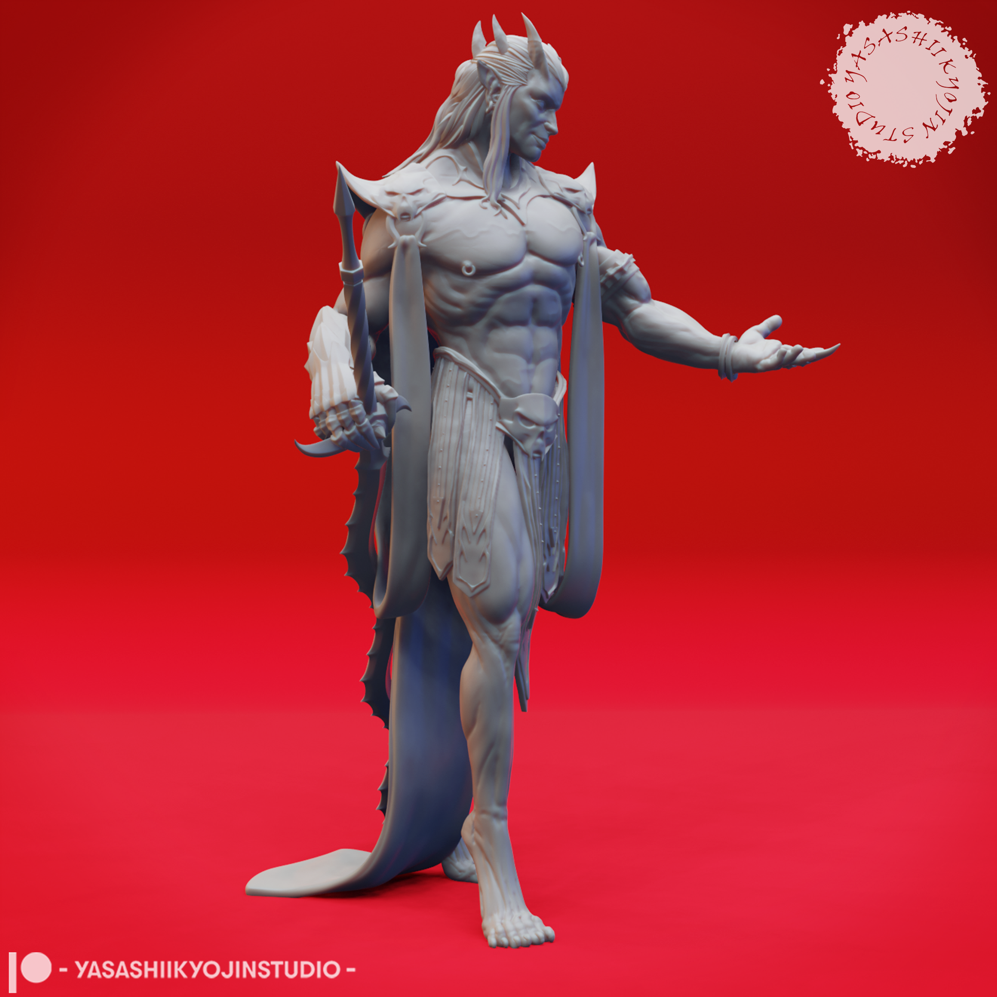 Three-quarter side angle digital render of Graz'zt miniature showing detailed musculature, barbed spear, skull pauldrons, layered loincloth armour, and the jagged serrated edge running along the trailing hem of his cape. Unpainted grey resin render by Yasashii Kyojin Studio.