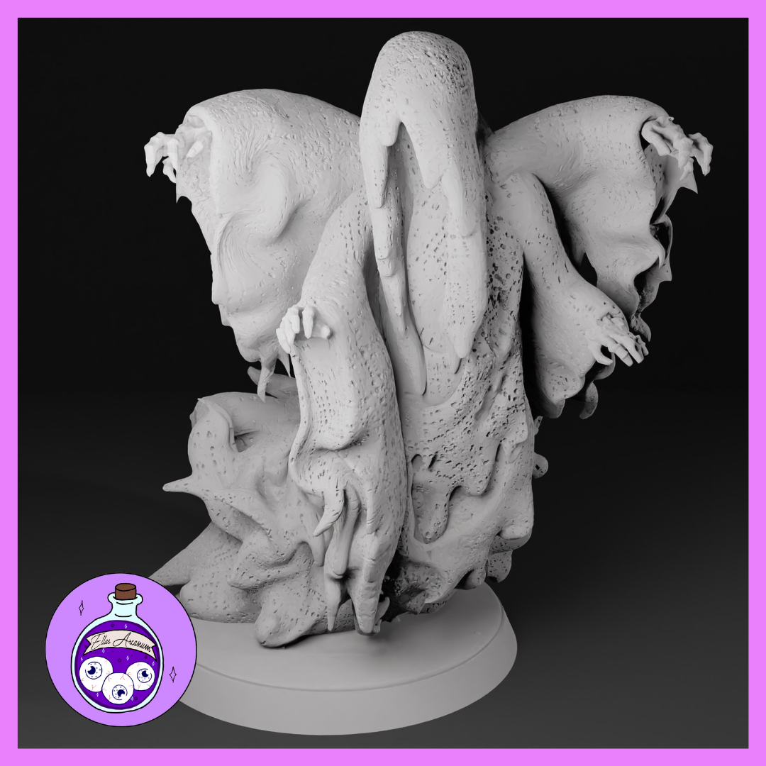 Unpainted grey resin miniature of the Greater Shadowspawn by Ella's Arcanum Minis — a writhing mass of warped flesh and grasping claws with ragged membrane, multiple limbs reaching outward, mounted on an integrated round base. Digital render shown against a dark background.