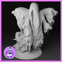 Unpainted grey resin miniature of the Greater Shadowspawn by Ella's Arcanum Minis — a writhing mass of warped flesh and grasping claws with ragged membrane, multiple limbs reaching outward, mounted on an integrated round base. Digital render shown against a dark background.