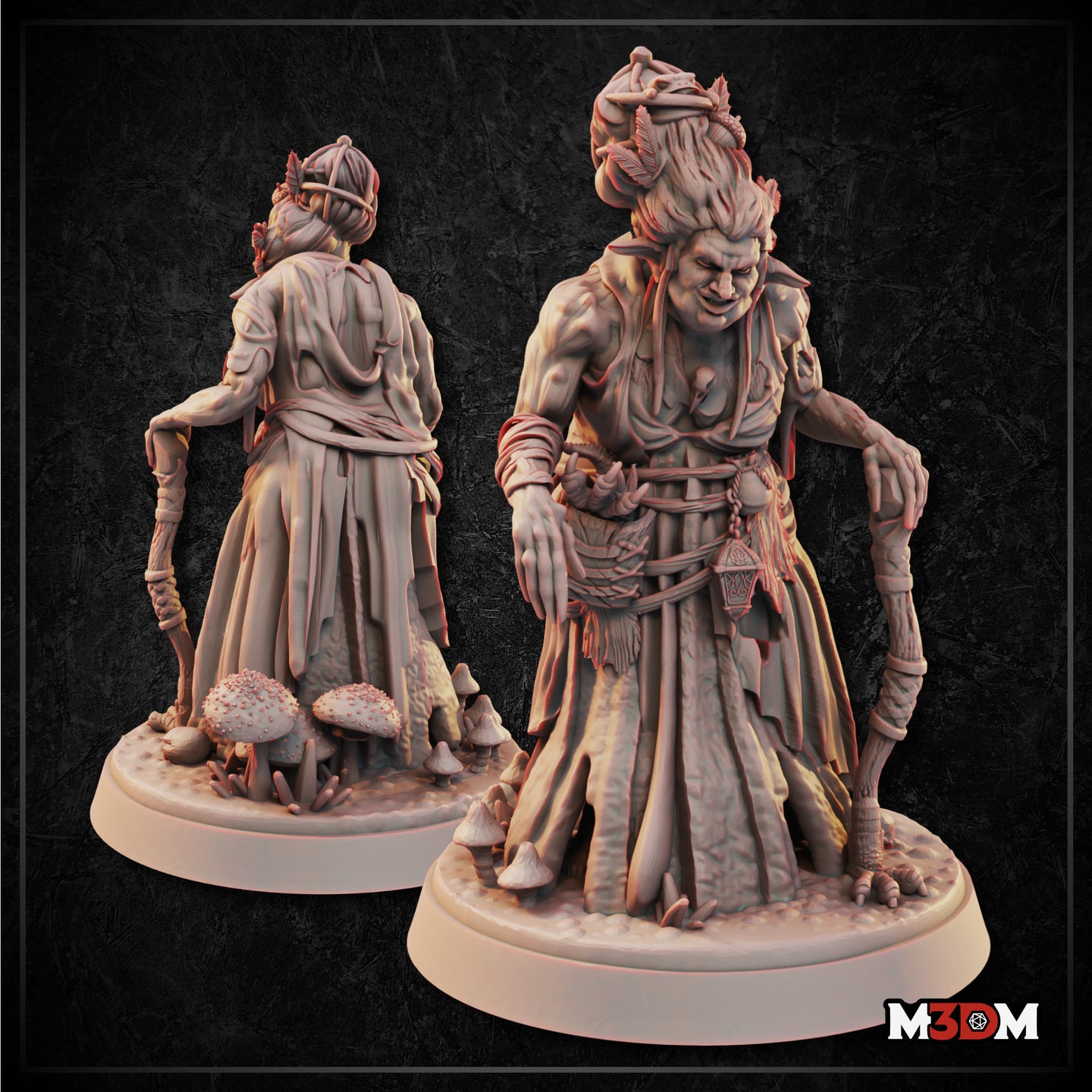 Digital render showing front and back views of a Green Hag miniature — a hunched female figure with bark-like skin, tangled leaf-crowned hair, twisted robes, a hanging lantern at her belt, and a mushroom-scattered forest floor base