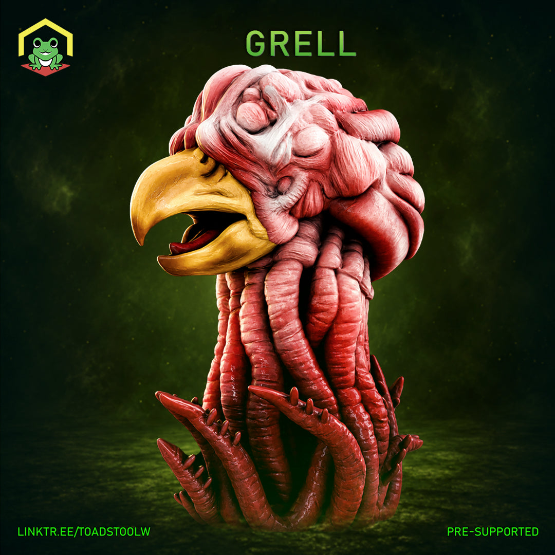 Grell miniature by The Toadstool Weaver — a bulbous brain-like creature with a wide open hooked beak, a blind sunken eye, and a mass of thick ridged tentacles splaying downward.
