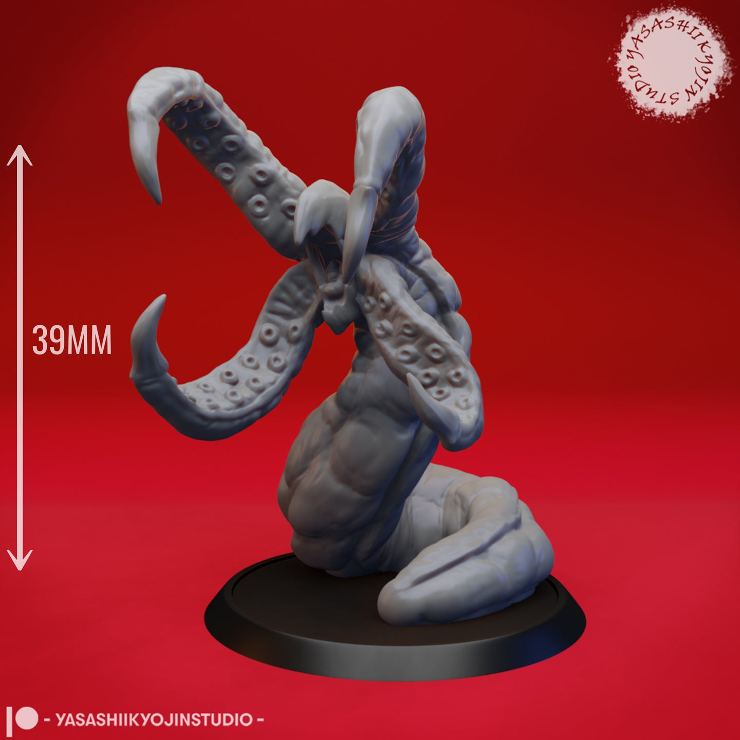 Digital render of the same unpainted grey Grick miniature with a 39mm height reference arrow shown to the left, confirming the scale of this D&D Underdark monster miniature. Four barbed tentacles with detailed suckers are raised aggressively above the creature's beaked maw.
