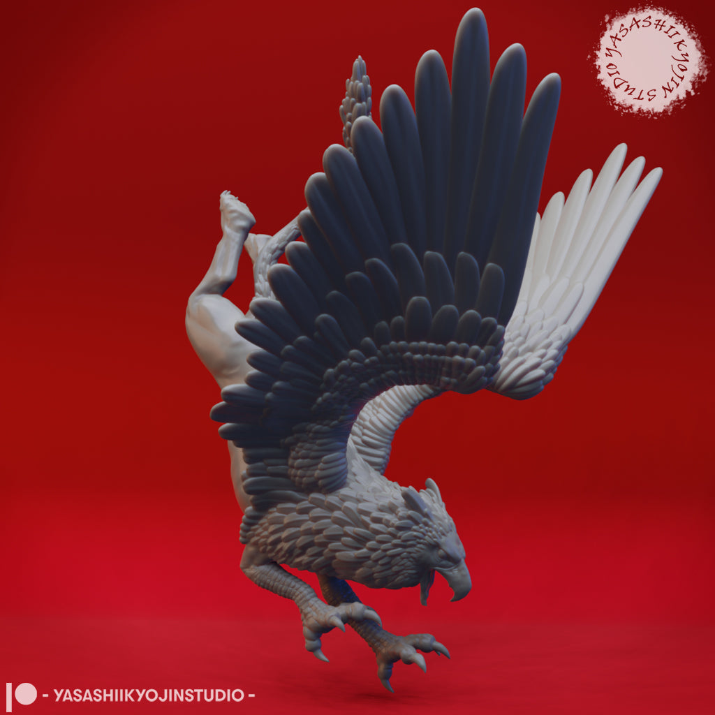 Digital render of an unpainted grey griffin miniature by Yasashii Kyojin Studios, shown mid-pounce with wings fully spread — dark primary feathers on one wing contrasting with pale secondary feathers on the other, talons extended and raptor beak open, leonine body coiled in a striking dynamic pose