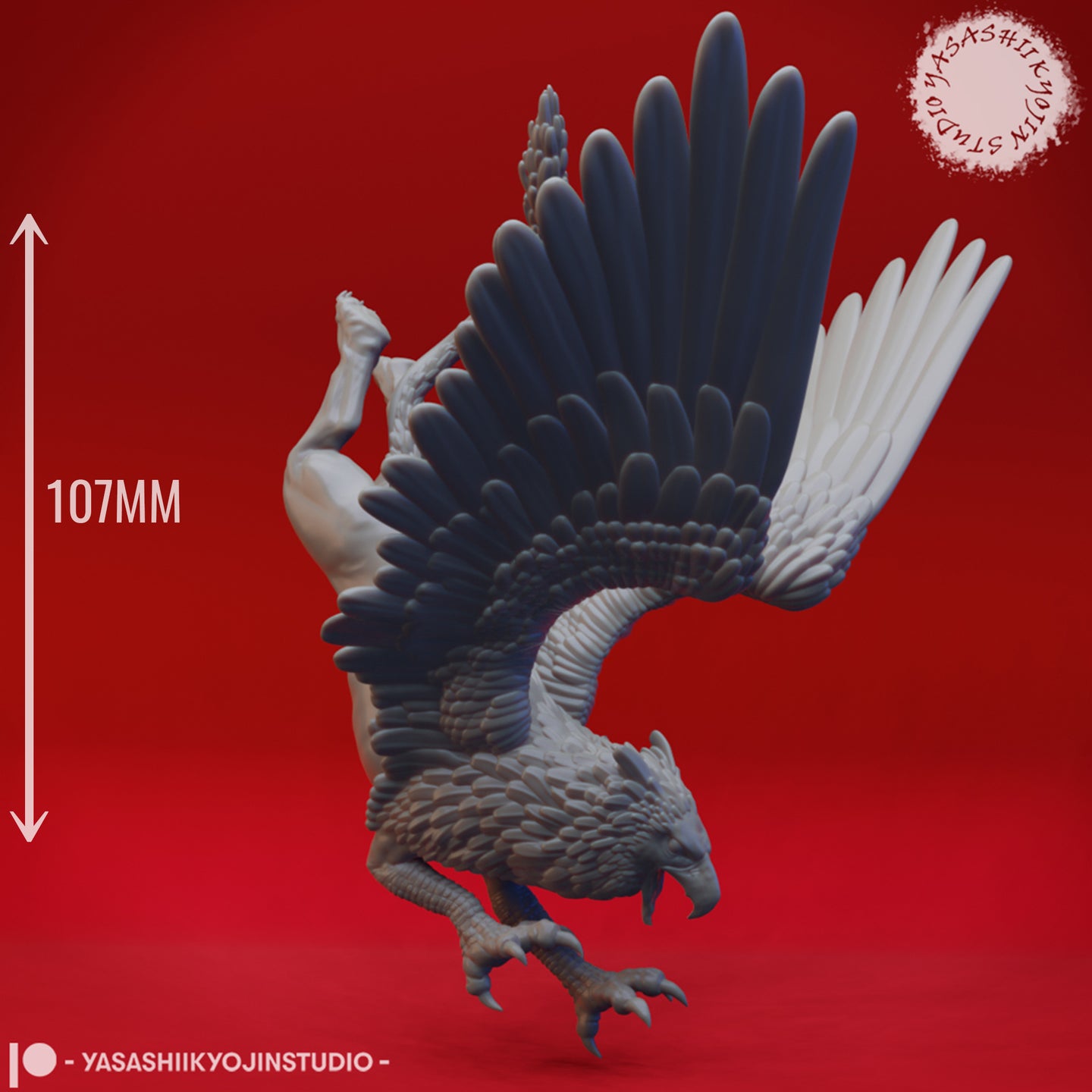 Digital render of the Yasashii Kyojin Studios griffin miniature with a 107mm height reference arrow, showing the full scale of the large creature — wings spread wide with detailed individual feathers, scaled breast, and eagle head with hooked beak visible