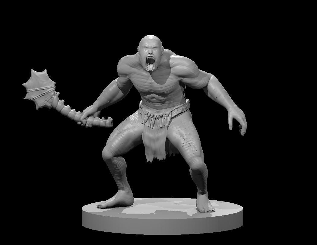 Grey resin digital render of a Grimlock miniature at 32mm scale — a large, muscular, bald humanoid with a wide-open snarling mouth, wielding a spiked club in one hand, wearing a fur loincloth and cord belt, posed in an aggressive forward lunge on a round flat base