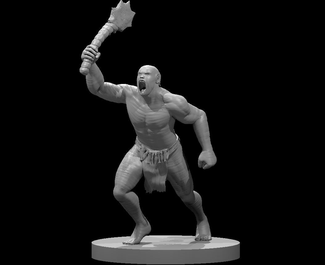 Grey resin 3D printed Grimlock miniature at 32mm scale — a muscular, bald humanoid in a forward-lunging attack pose, mouth open in a roar, right arm raised overhead gripping a spiked club, left fist clenched at his side, wearing a primitive hide loincloth, mounted on a flat round base. Digital render, unpainted.