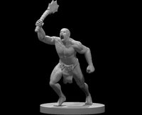 Grey resin 3D printed Grimlock miniature at 32mm scale — a muscular, bald humanoid in a forward-lunging attack pose, mouth open in a roar, right arm raised overhead gripping a spiked club, left fist clenched at his side, wearing a primitive hide loincloth, mounted on a flat round base. Digital render, unpainted.
