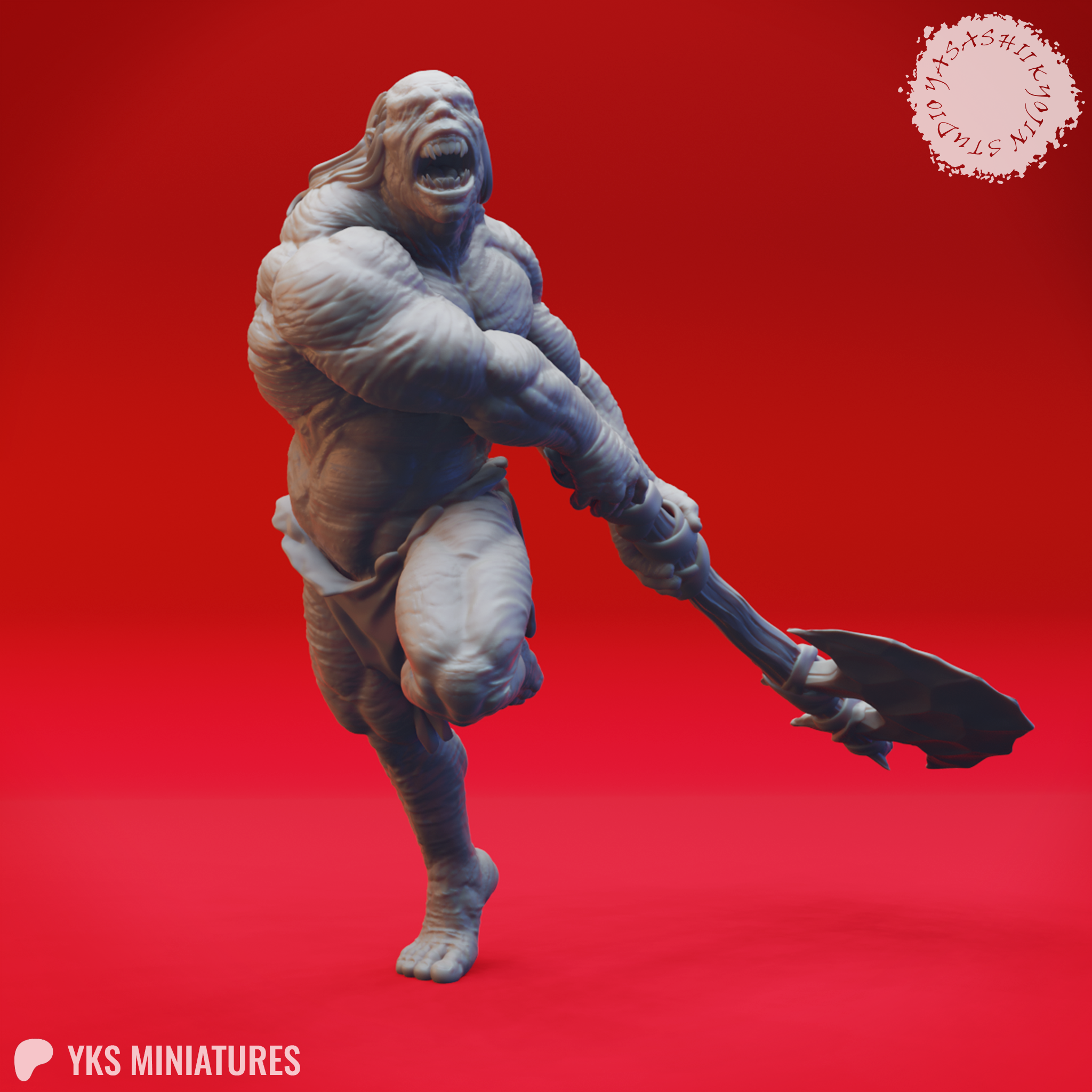 Digital render of Grimlock 03 miniature — unpainted grey resin, front-facing view. A large, muscular cave humanoid mid-charge with mouth open in a roar, swinging a long-hafted axe low across the body. Deeply textured wrinkled flesh, bare feet, and lank hair visible.