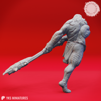 Digital render of Grimlock 03 miniature — unpainted grey resin, rear three-quarter view. Shows the muscular back and shoulders, lank flowing hair, a simple wrapped loincloth, and the extended axe shaft sweeping outward. Deep skin-fold texture visible across the entire body.