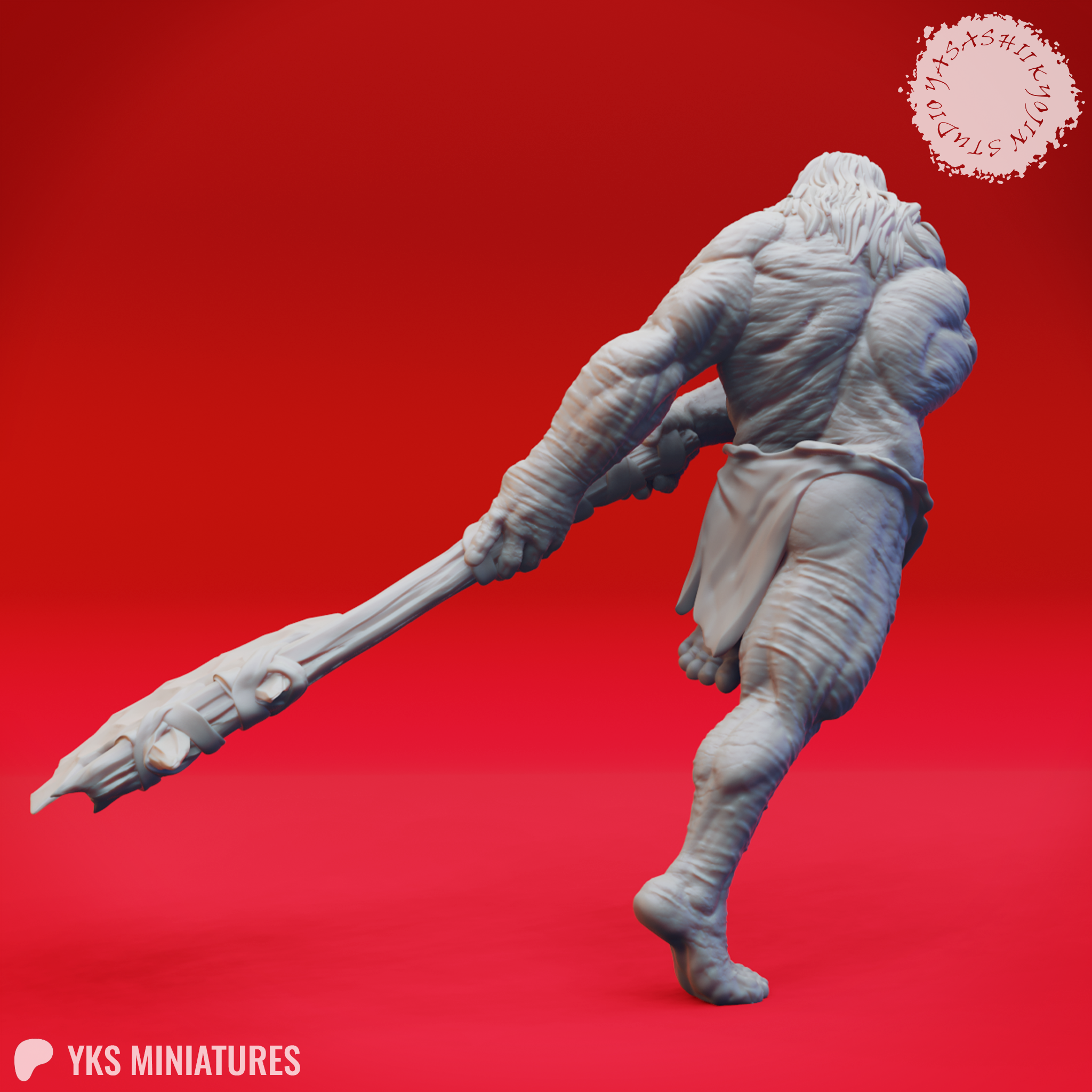 Digital render of Grimlock 03 miniature — unpainted grey resin, rear three-quarter view. Shows the muscular back and shoulders, lank flowing hair, a simple wrapped loincloth, and the extended axe shaft sweeping outward. Deep skin-fold texture visible across the entire body.