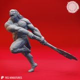 Digital render of Grimlock 03 miniature — unpainted grey resin, side-angled front view. Full dynamic pose captured mid-lunge with one knee raised, mouth open wide in a roar, and the axe weapon extended forward at low angle. Skull and face details on the weapon haft clearly visible.